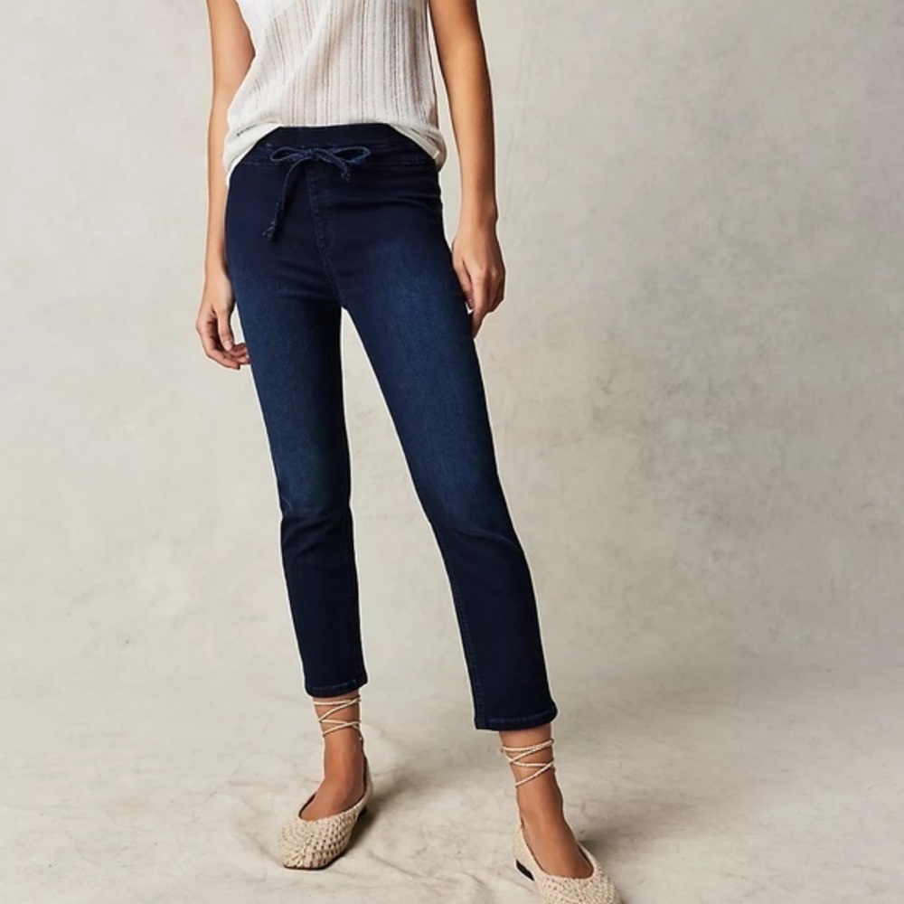 Free People Dark Blue Drawstring High-Rise Skinny Jeans